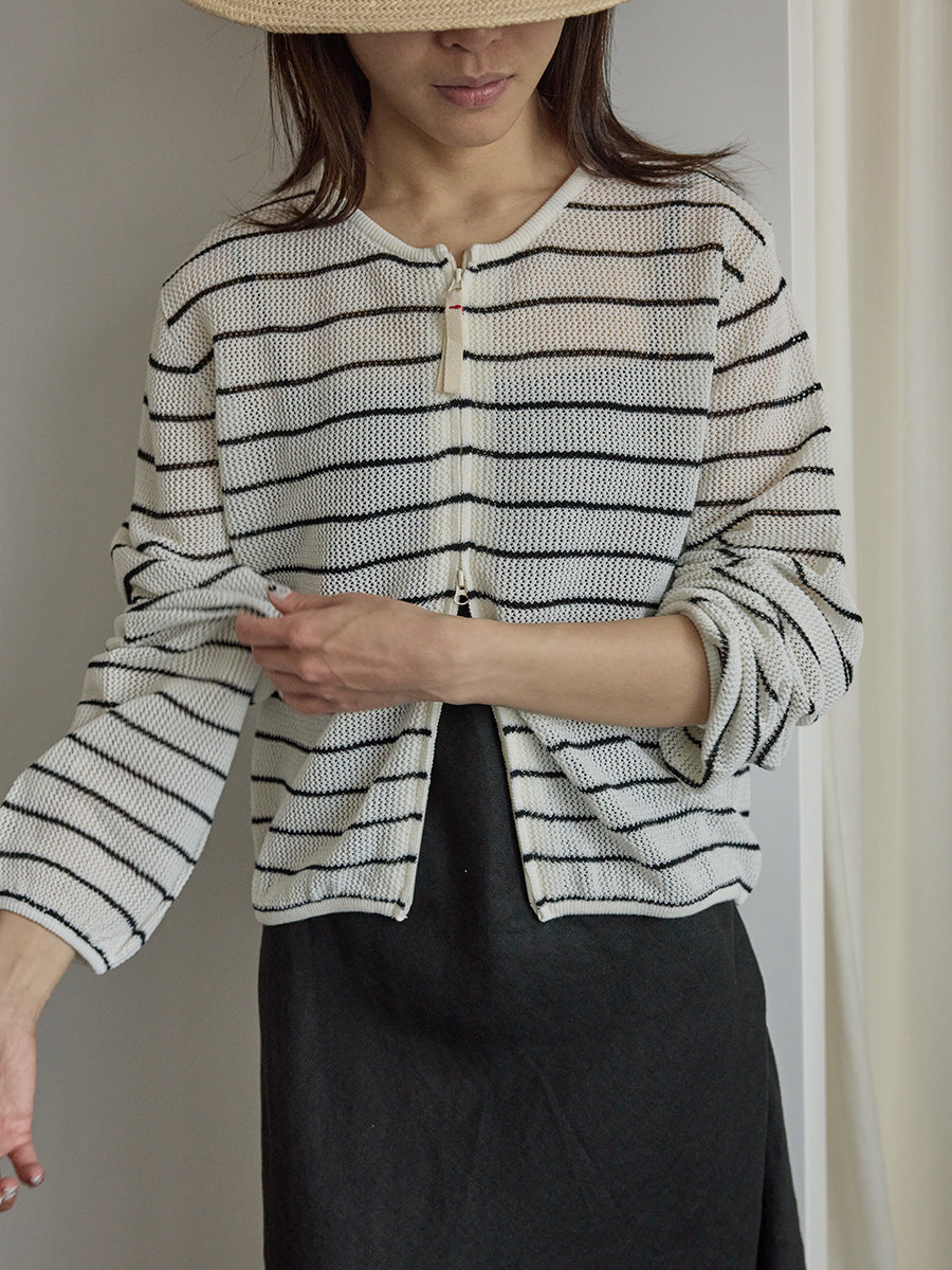 Double-ended zipper gentle white hollow knitted sunscreen shirt long sleeves