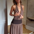 Halter pleated deep V neck hip skirt sexy lace-up babes dress dress