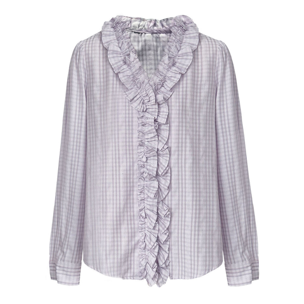 Gentle wind fungus edge V-neck shirt women's spring Korean versatile plaid texture shirt