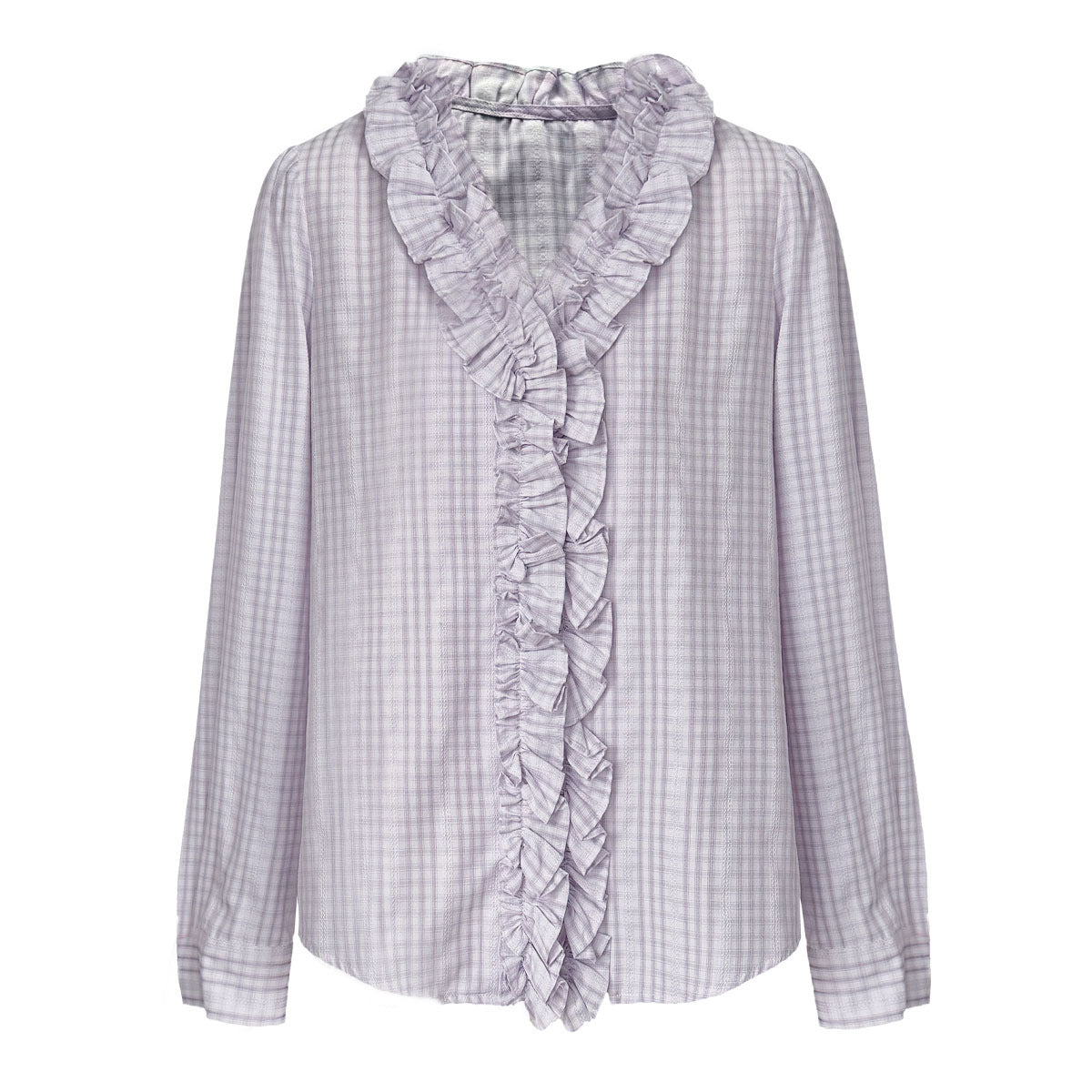 Gentle wind fungus edge V-neck shirt women's spring Korean versatile plaid texture shirt