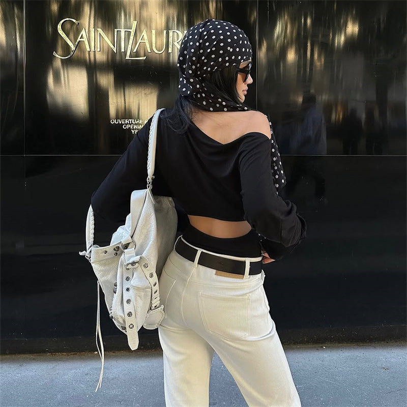 Diagonal Neck Off-Shoulder Long Sleeve Slim T-Shirt