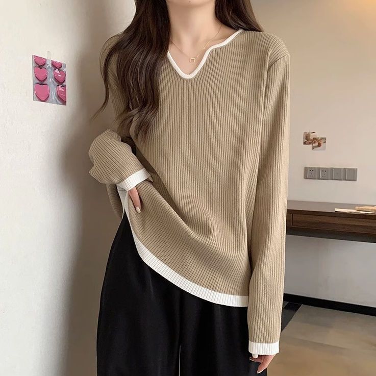 Color Block Long Sleeve T-Shirt Women Loose Fit V-Neck Mid-Length Top