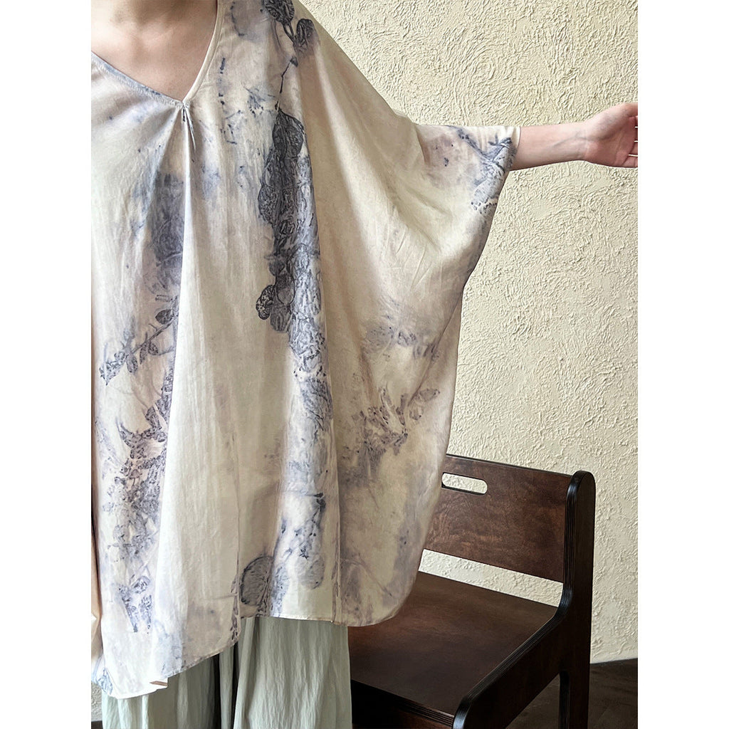New chinese style national style topssuitartsy plant printing loose silhouette blouse two-piece set