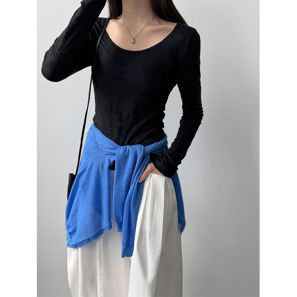 Gentle heavy industry jacquard big U-neck slightly transparent texture bottoming shirt women's spring new temperament top