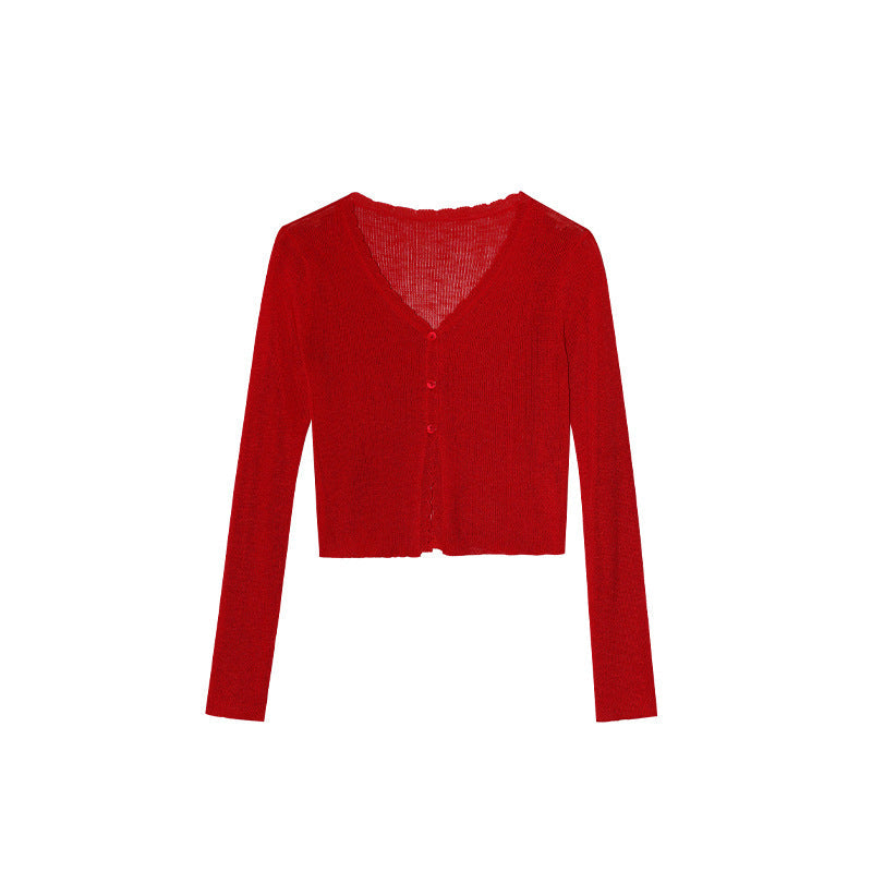 Thin knitted sweater commuter versatile single-breasted v-neck sunscreen shirt