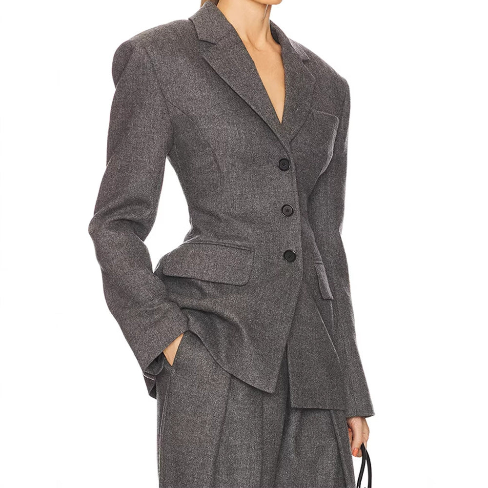 Wool Blazer Women Slim Fit Suit Collar Three-Button Mid-Length Jacket