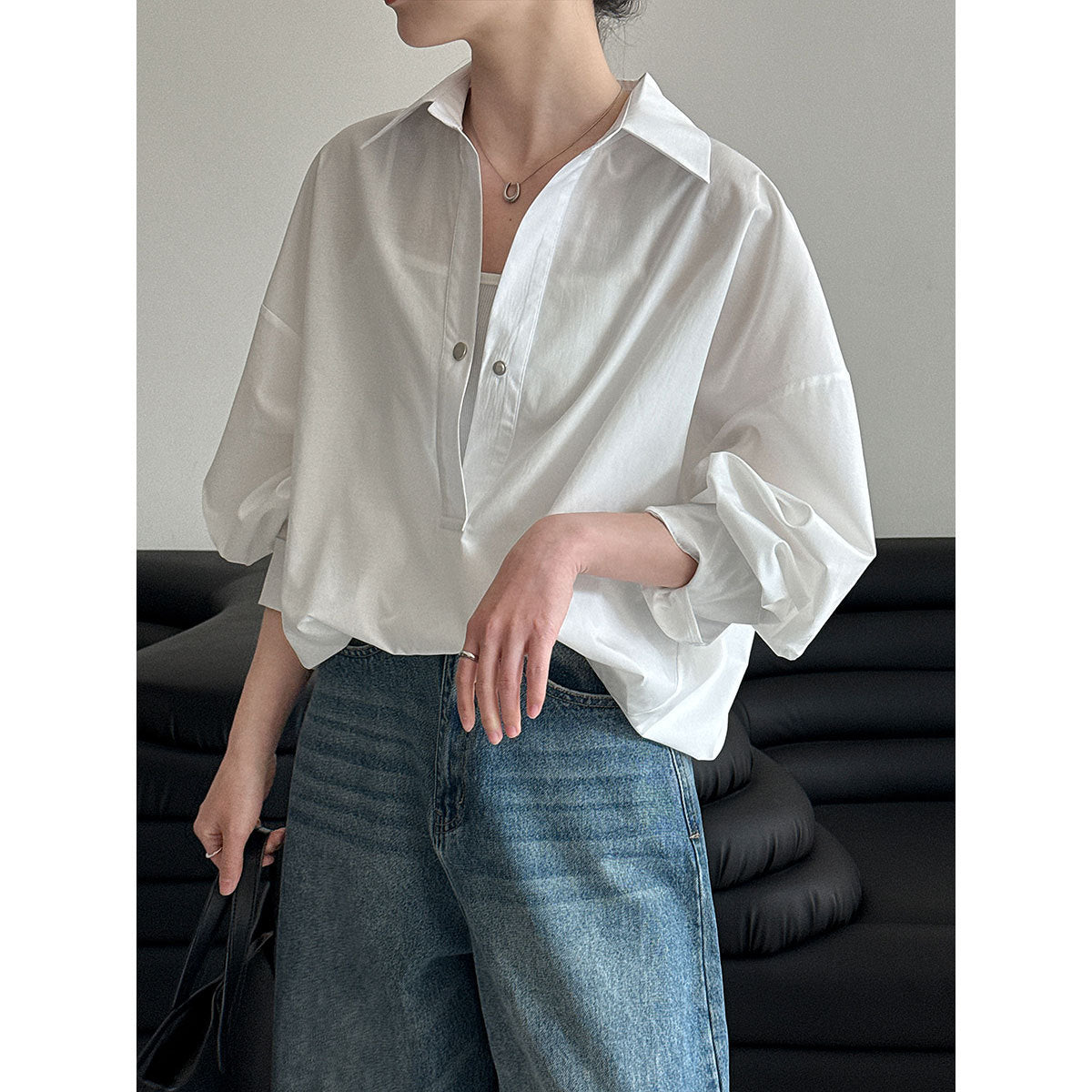 Korean design sense silhouette loose lazy style shirt women's 26 early spring casual versatile shirt top