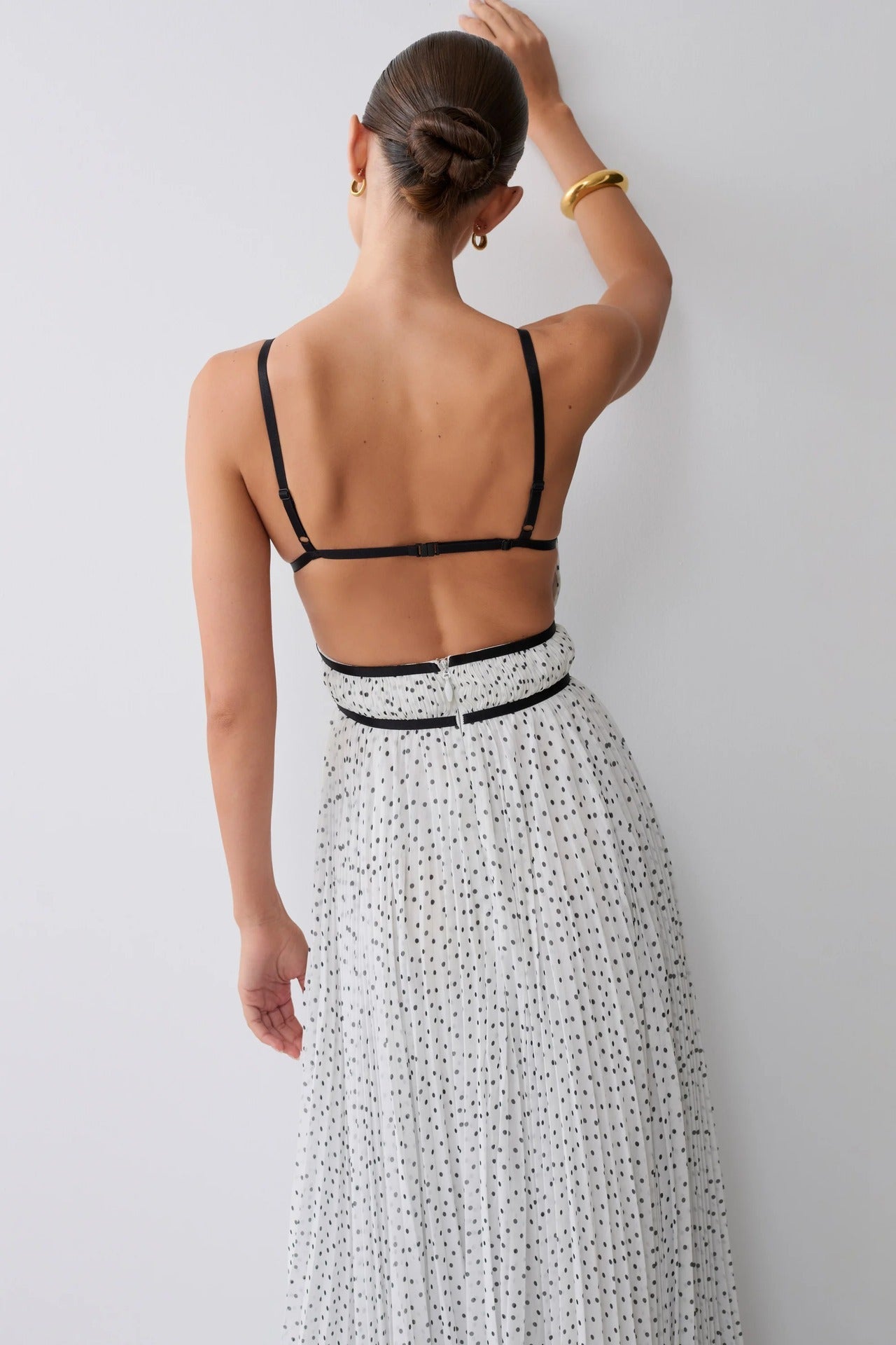 French polka dot pleated skirt waist sexy backless holiday style suspender dress