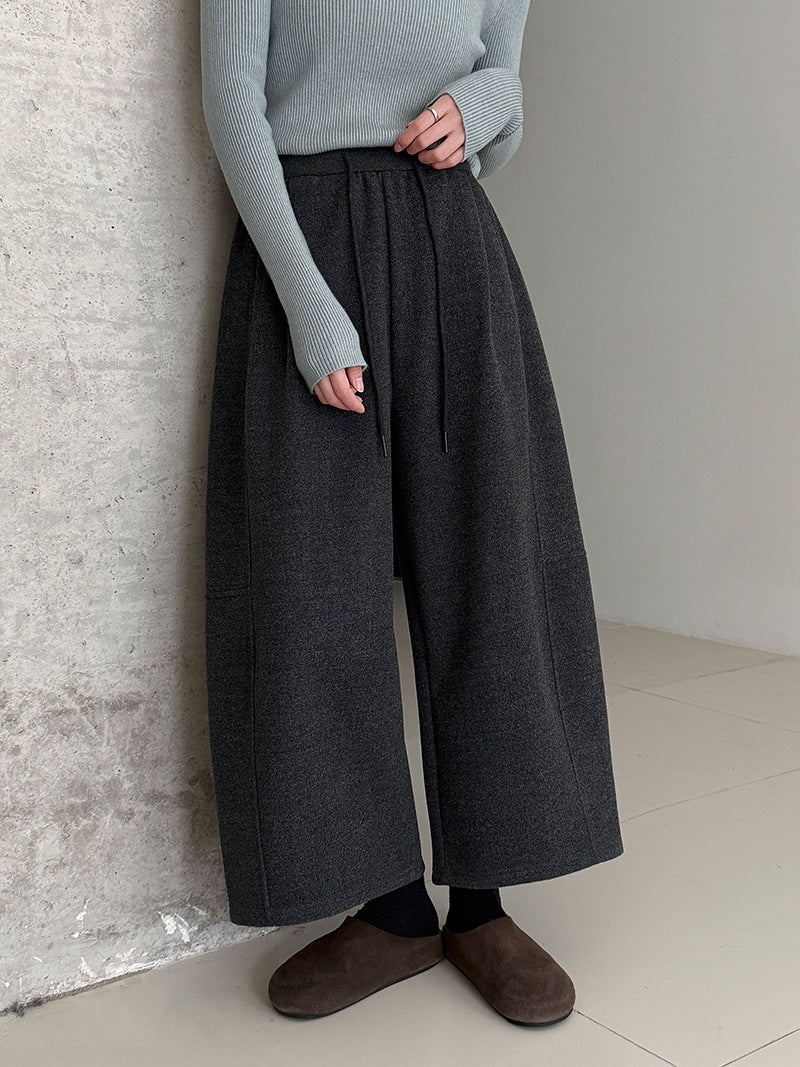 Elastic waist woolen slacks women's autumn and winter new loose wide-leg pants versatile straight cropped pants