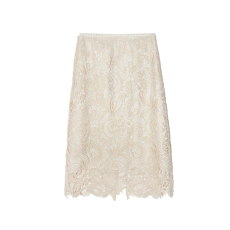 Early spring French celebrity stunning high waist temperament hollow lace skirt