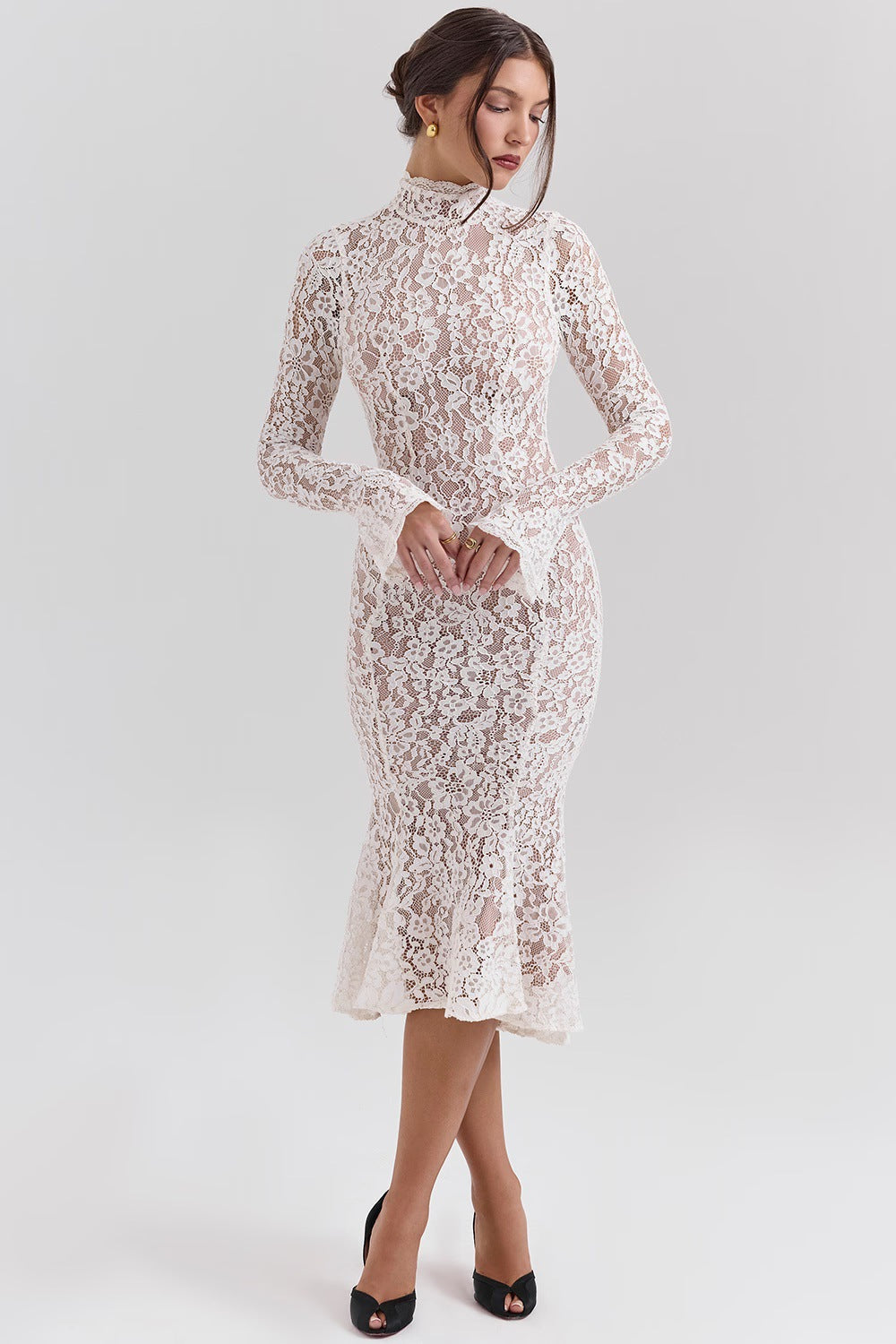 New women's clothing fashionable and sexy hollow lace hip-wrapped long dress perspective slim dress women