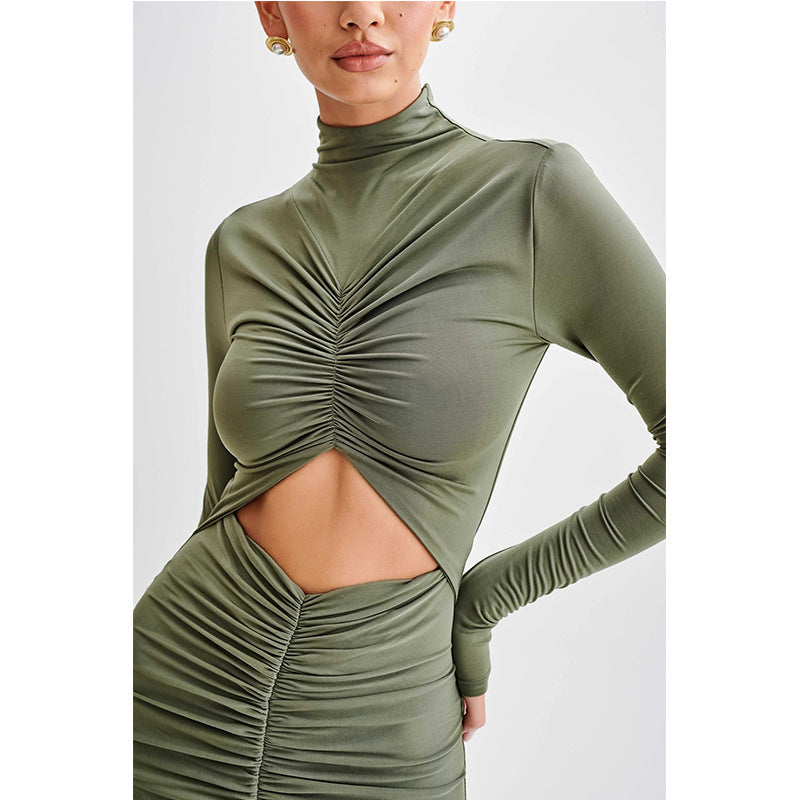 New sexy hollow solid color chest wrap hip skirt pleated slim half turtleneck dress women