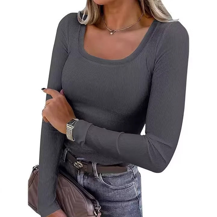 U-Neck Long Sleeve T-Shirt Women Slim Fit Knitted Solid Color Top