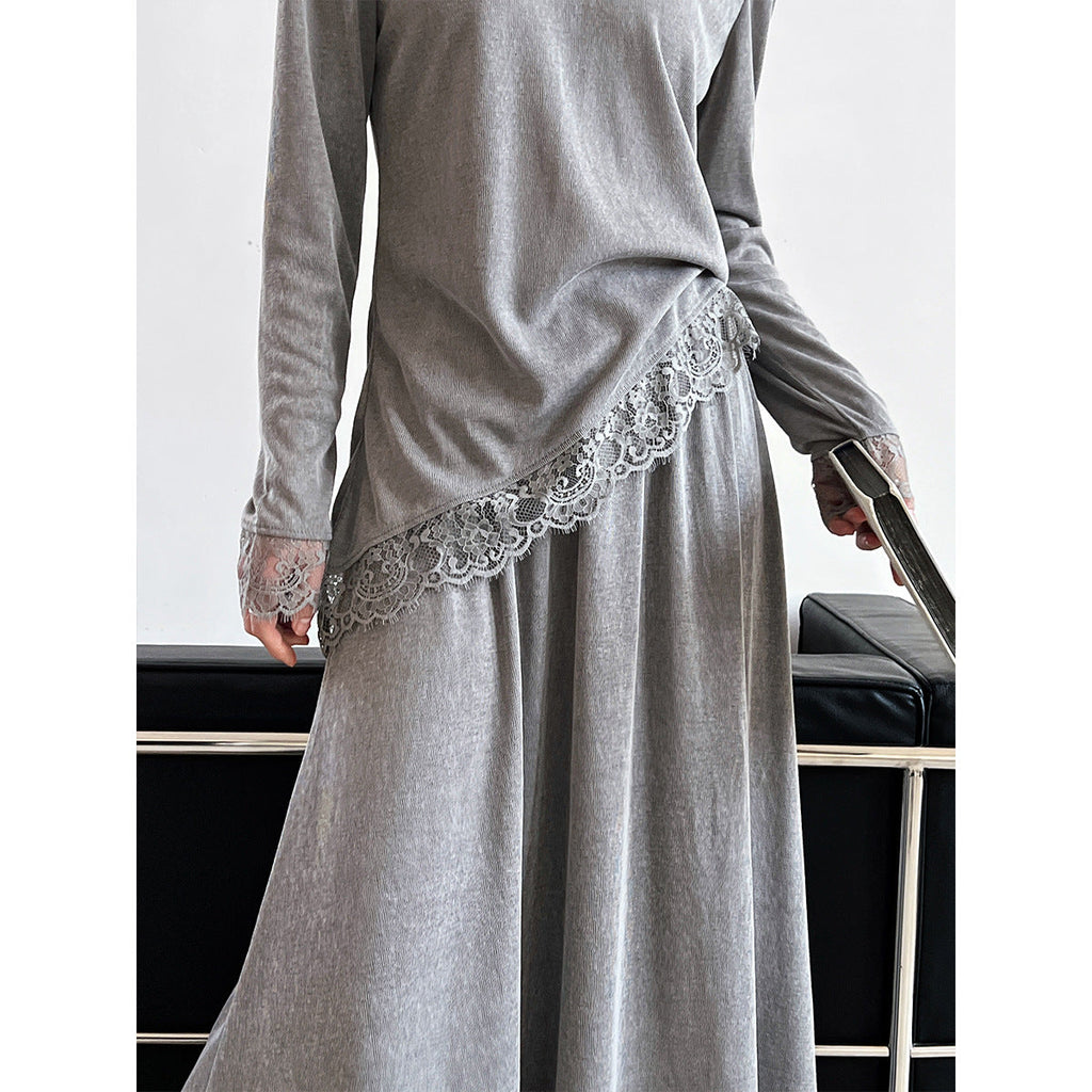 Giant Skinny Set~ Korean Lazy Slack Slant Hoop Lace Top + Skirt Two-piece Set