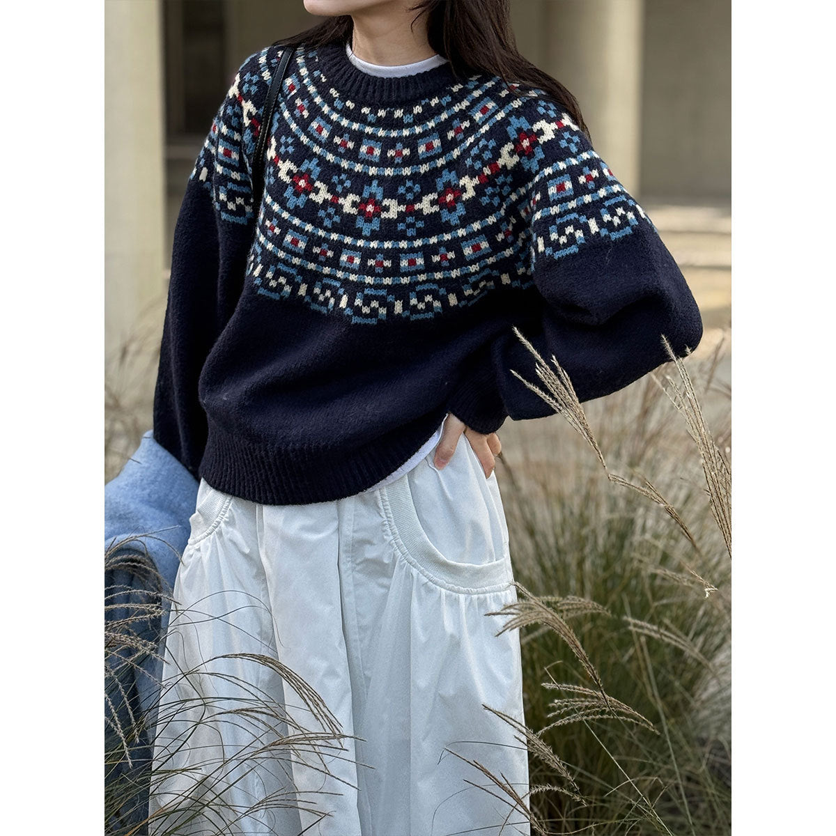 Vintage Fair Island Jacquard Sweater Women's Autumn and Winter New Lazy Christmas Loose Knitted Sweater Top
