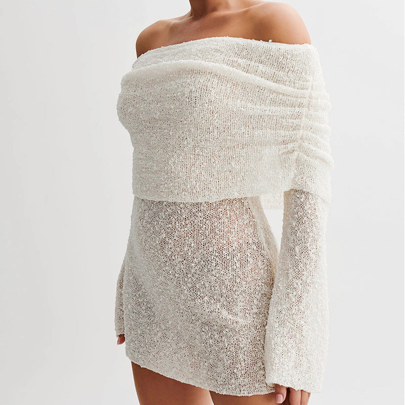 Holiday style hollow one-word shoulder dress women's long-sleeved beach skirt