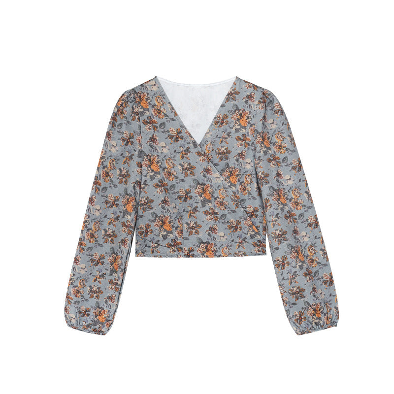 Floral shirt women's long-sleeved slim-fitting v-neck one-piece shirt