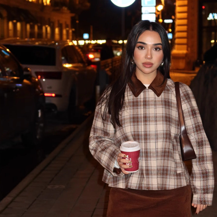 Women's autumn and winter fashion casual plaid top splicing contrasting color retro jacket jacket women