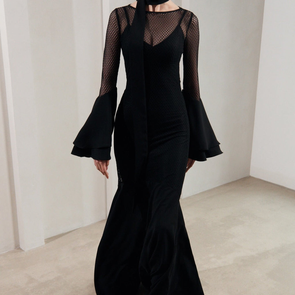 Perspective dress high waist hollow round  sexy horn sleeve hip dress