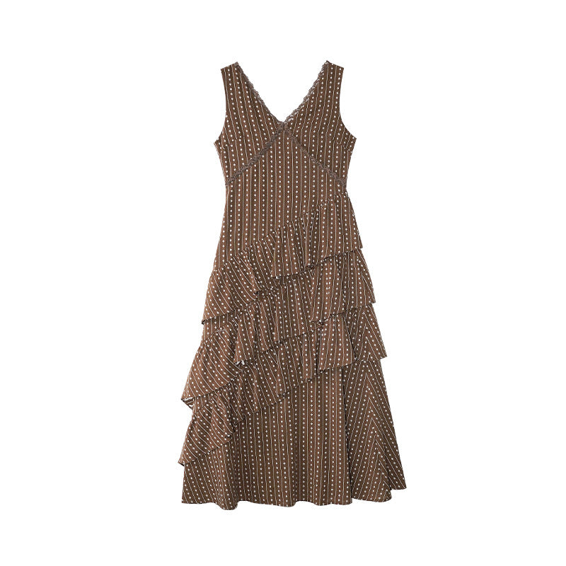 Gentle temperament slim V-neck ruffle edge dress