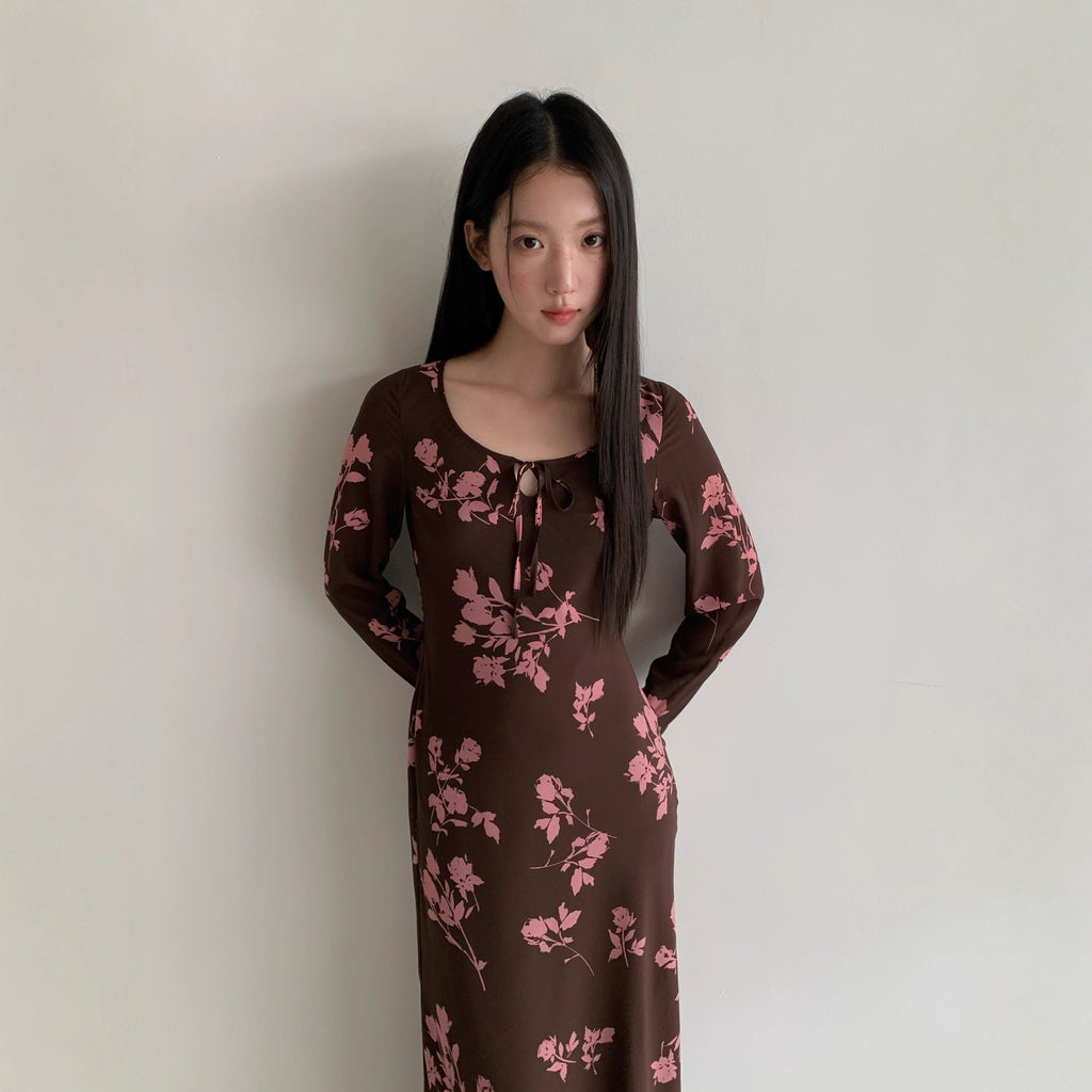 Slim temperament long-sleeved inner print dress with base