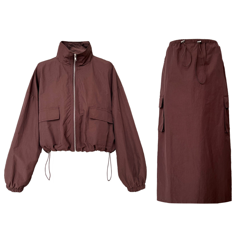American short jacket + drawstring skirt two-piece outdoor sports tooling suit women