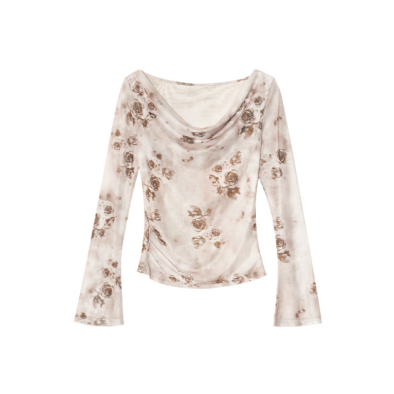 Design Swing Neck Slim Flower Long Sleeve Top
