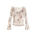 Design Swing Neck Slim Flower Long Sleeve Top