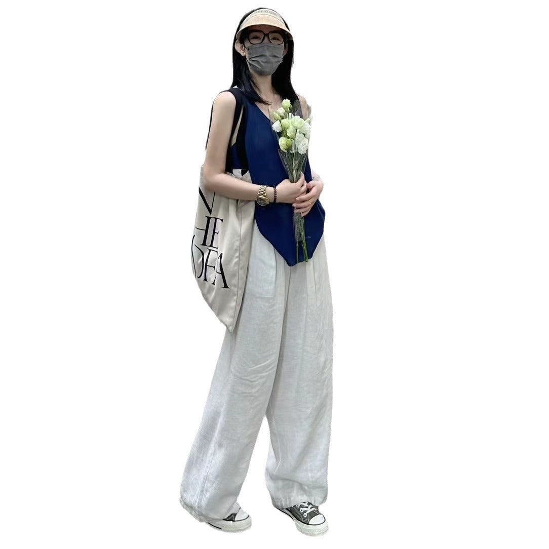 High-waisted white high-waisted linen wide-leg pants women's 2026 summer new loose and thin straight floor-mopping pants