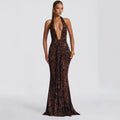 Sexy hip skirt streamer neck deep V-neck slim fit Spice Girl leopard print dress
