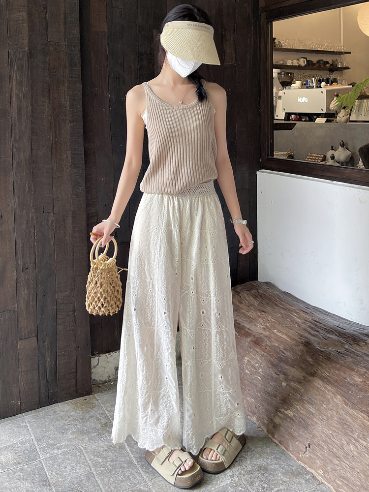 Thin heavy industry embroidered hook-cut hollow lace nine-point straight-leg pants