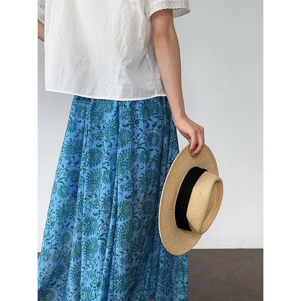 Korean versatile totem print elegant skirt women's summer new thin high-waisted A-shaped skirt
