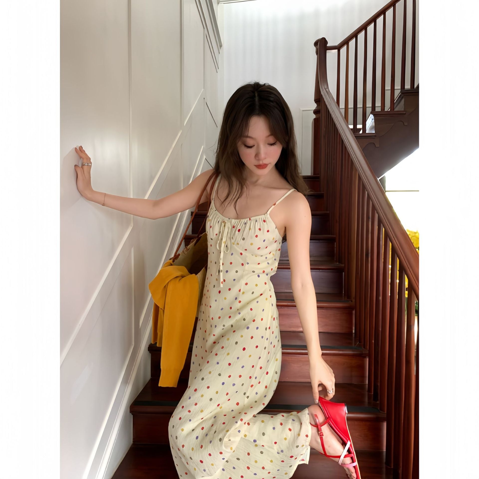 Age-reducing slimming polka dot slip dress