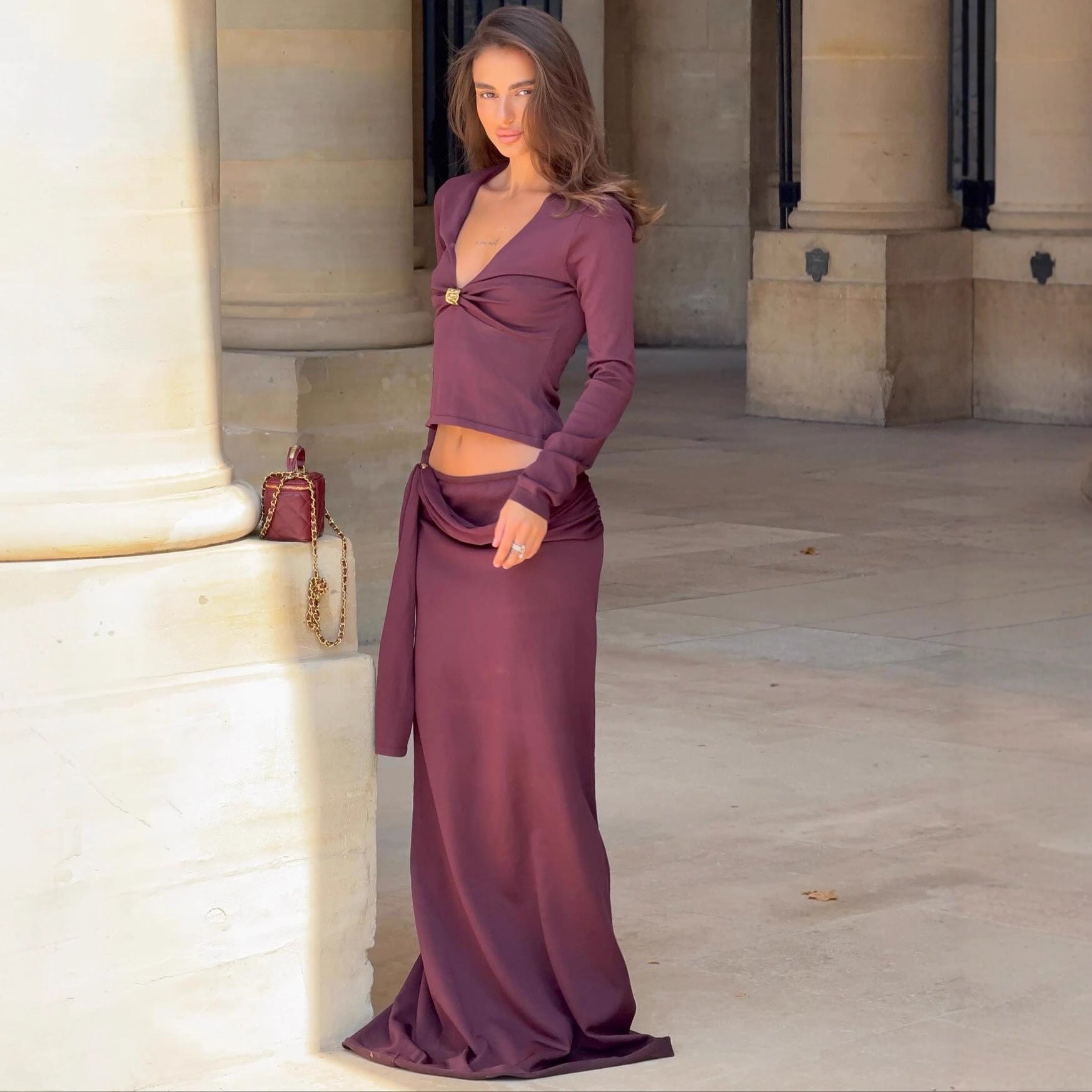 Fashion streamer sexy long-sleeved top skirt two-piece autumn and winter suit