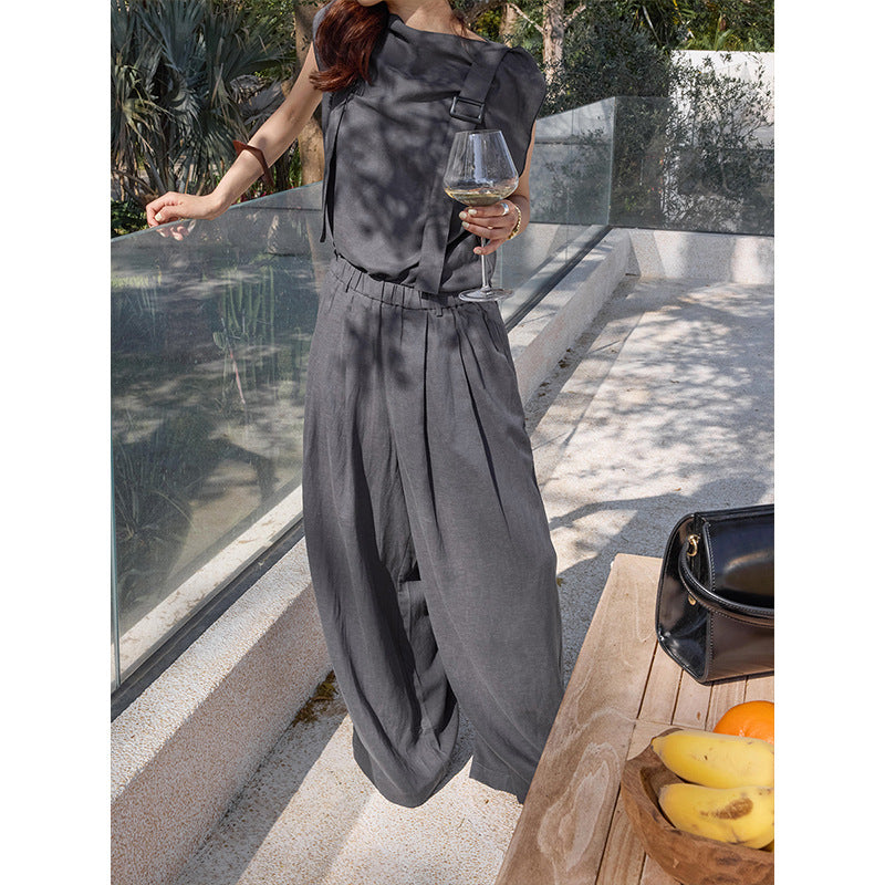 Lazy Tencel linen elastic waist covering and thin casual pants