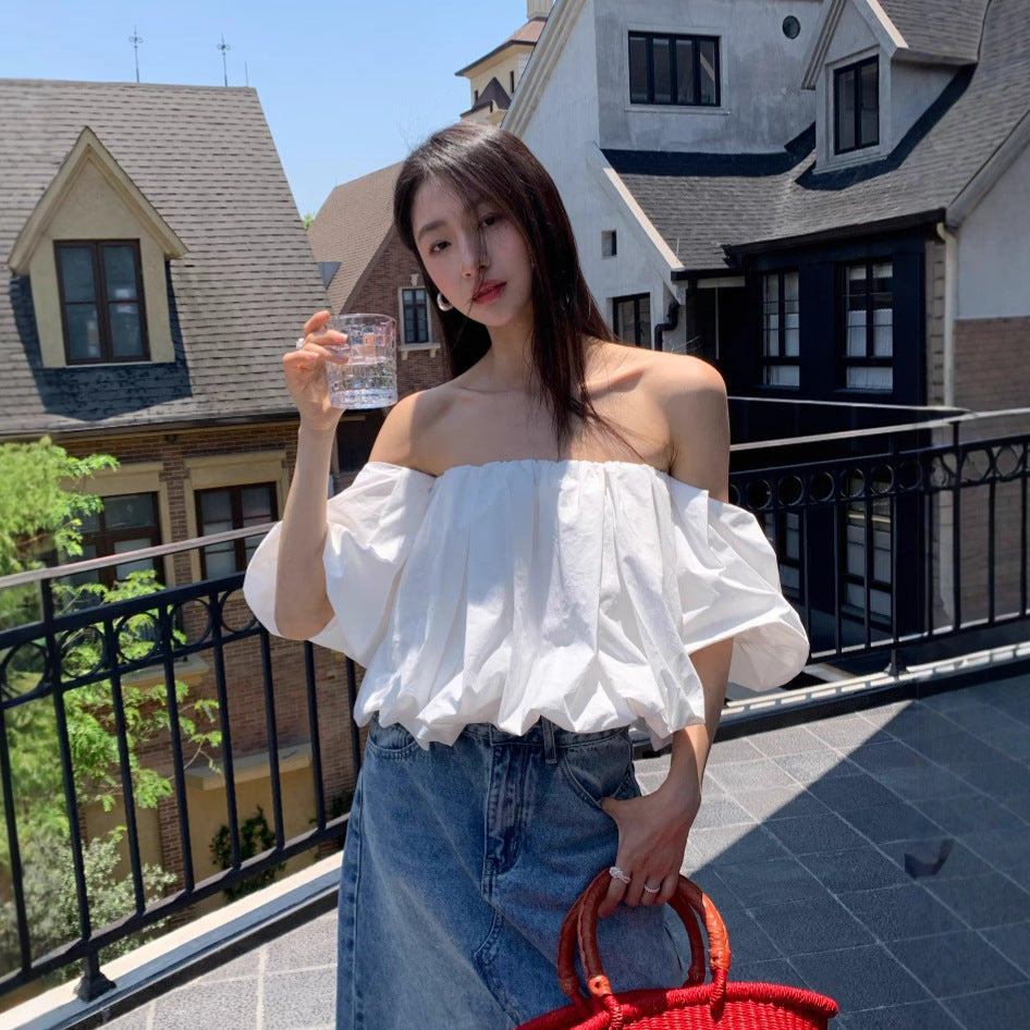 Sweet age-reducing bubble sleeve off-the-shoulder shirt