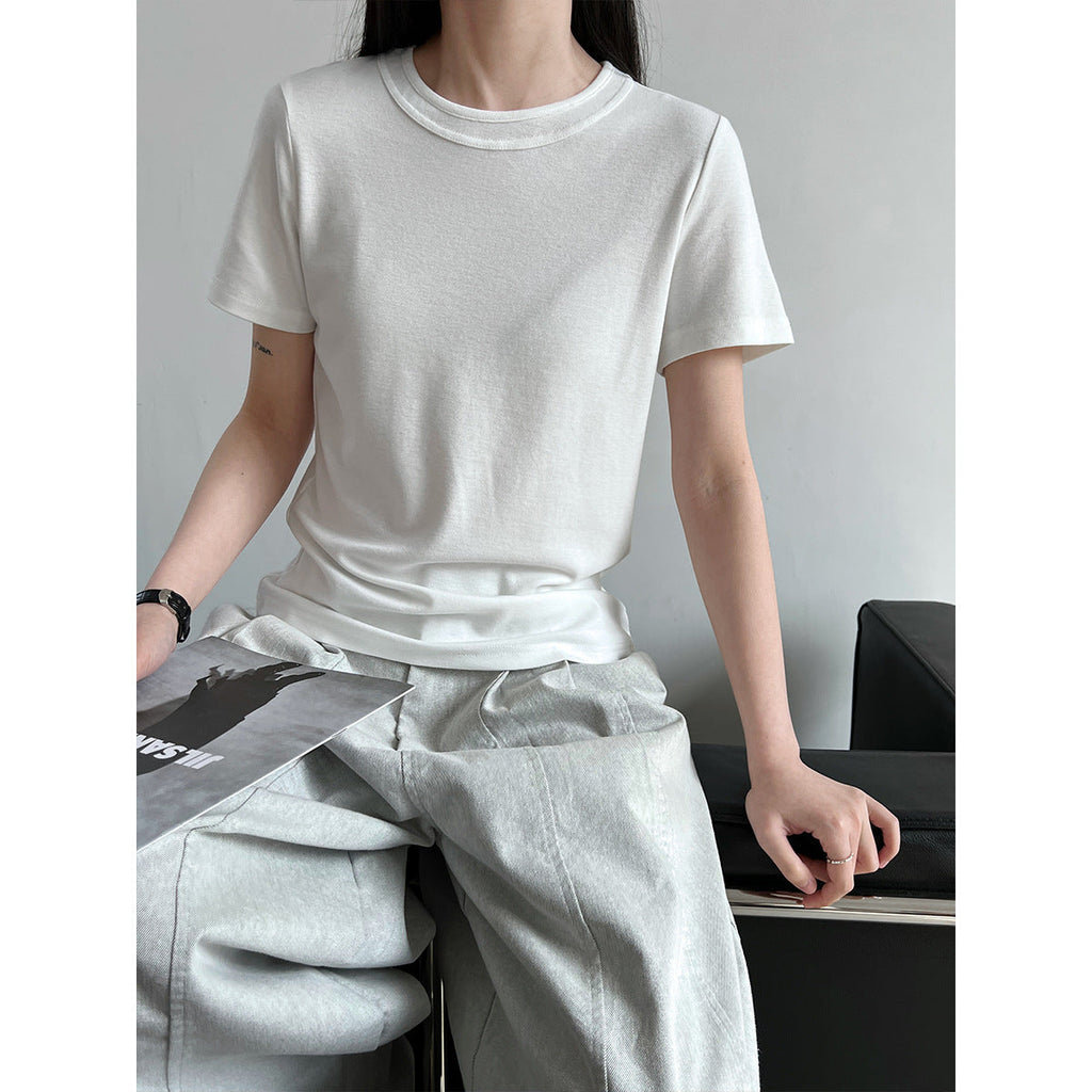 Simple solid color shoulder short-sleeved T-shirt