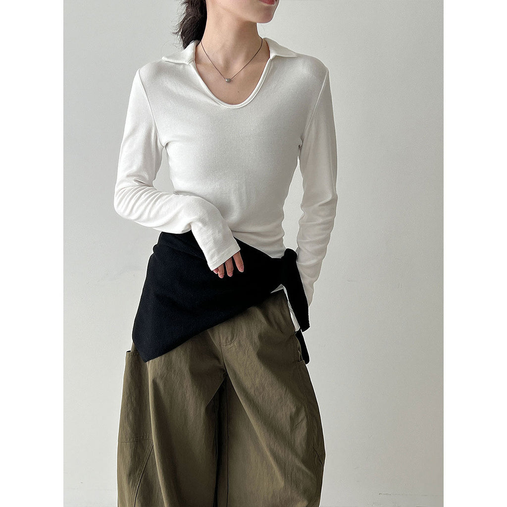 Simple design slim-fitting v-neck high-end sense thin bottoming shirt women's autumn new small lapel top