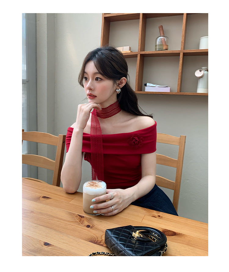 Women's Off-Shoulder Lotus-Leaf Sleeve Slim-Fit Cotton Top