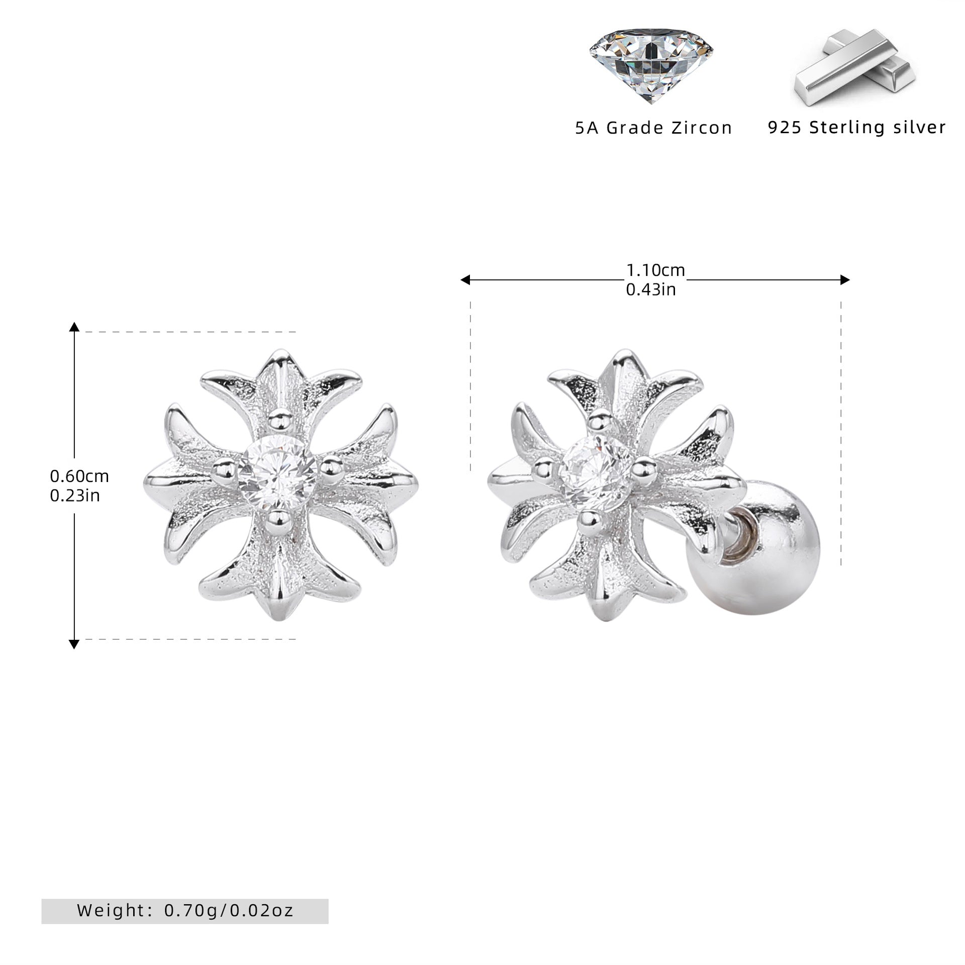 925 sterling silver stud earrings with diamonds, cruciferous earrings, short rod screws, earbone nails.