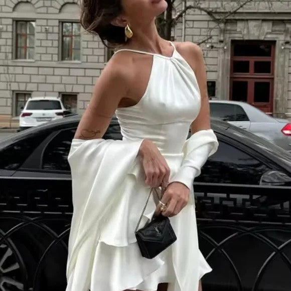 New satin shawl suspender short skirt fashionable solid color ruffle edge hip dress dress women