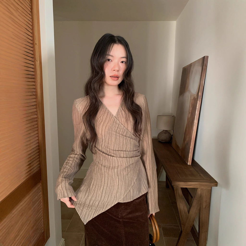 Coffee pleated irregular straps shirt top