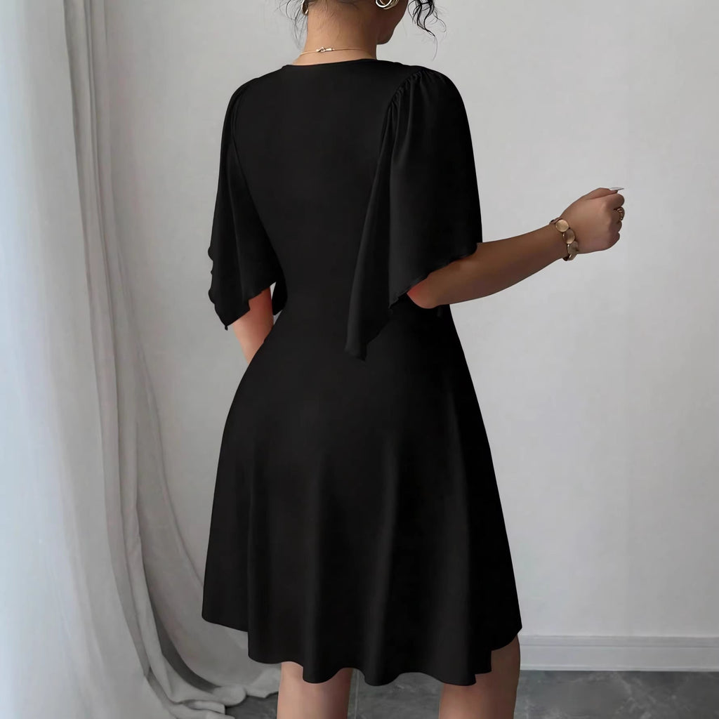 Spring and summer new deep V-neck lotus leaf sleeves solid color dress dress evening dress