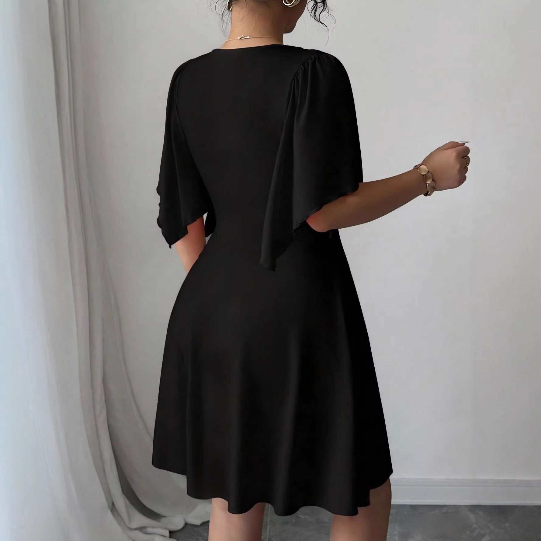 Spring and summer new deep V-neck lotus leaf sleeves solid color dress dress evening dress