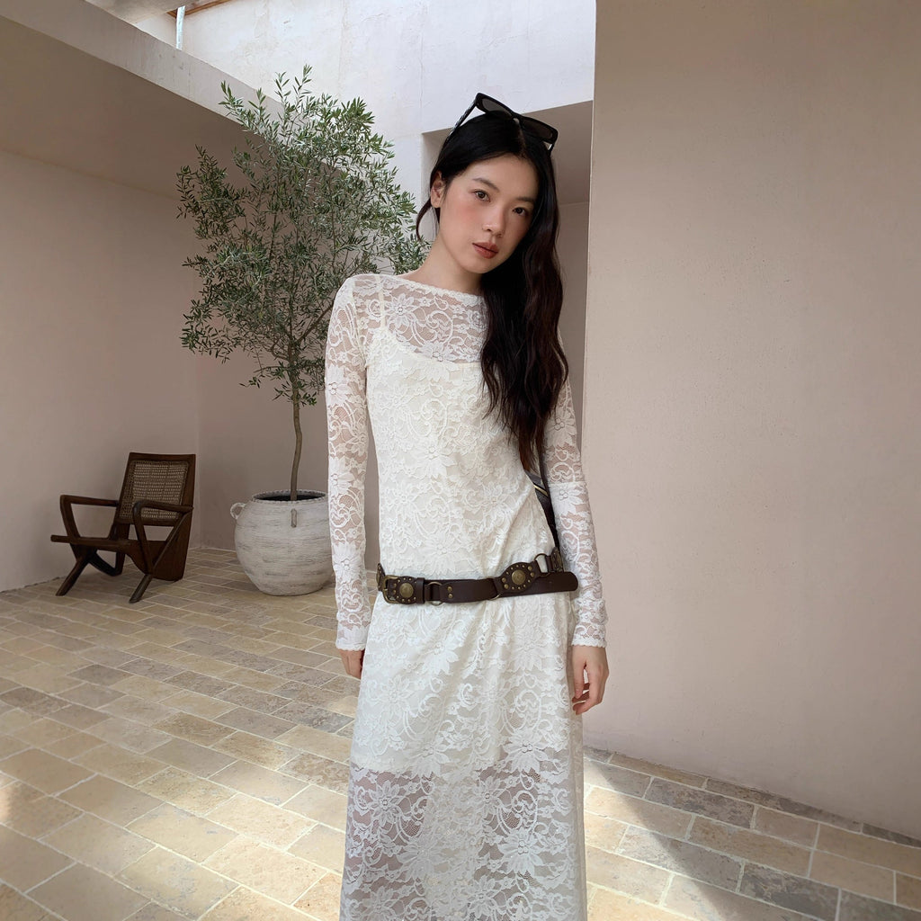 French celebrity temperament waist hip hollow lace dress women F6630