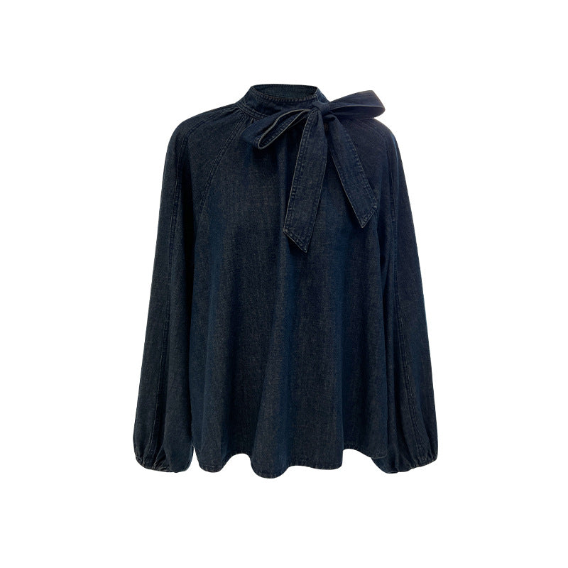 Stand-up collar loose and thin design denim shirt