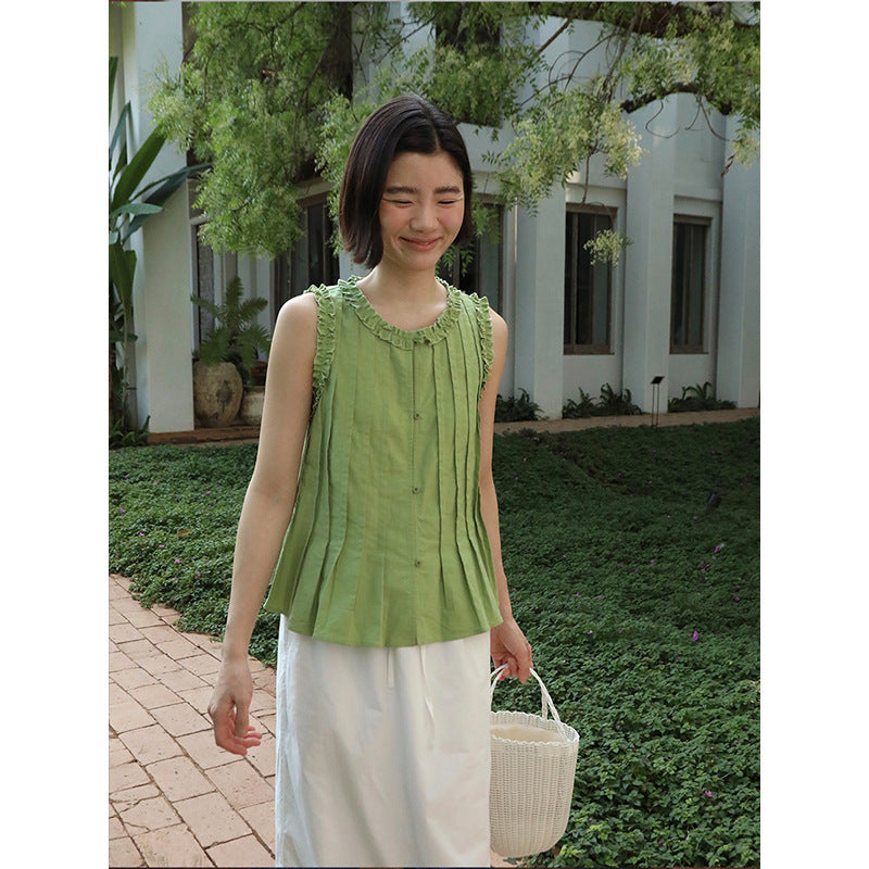 Lazy Crew Neck Fungus Lace Splicing Shirt Summer Sleeveless Vest