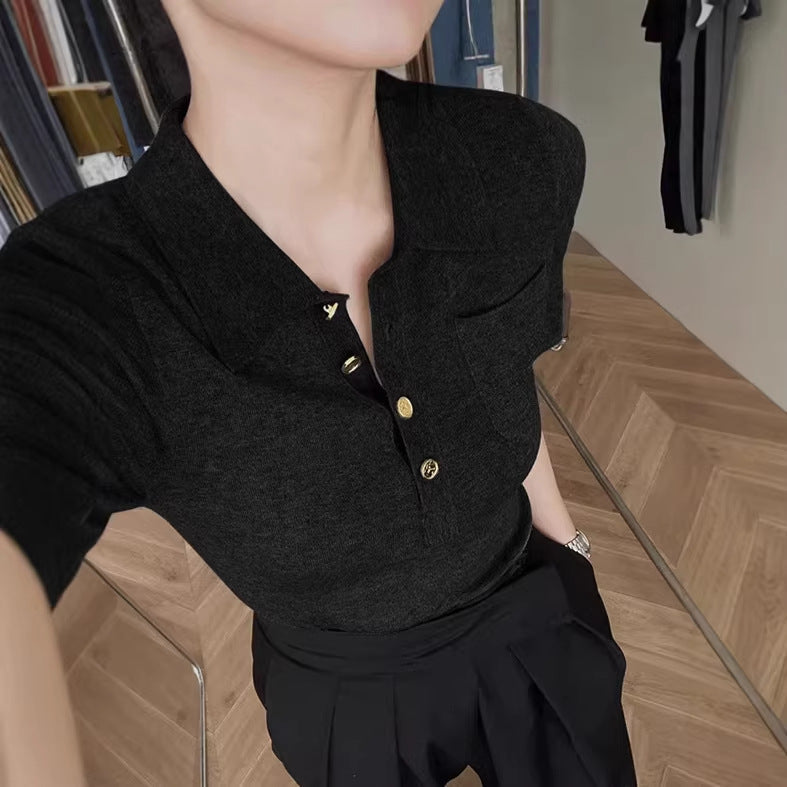 Polo Collar Short Sleeve T-Shirt Women Slim Fit Knitted Ice Silk Top