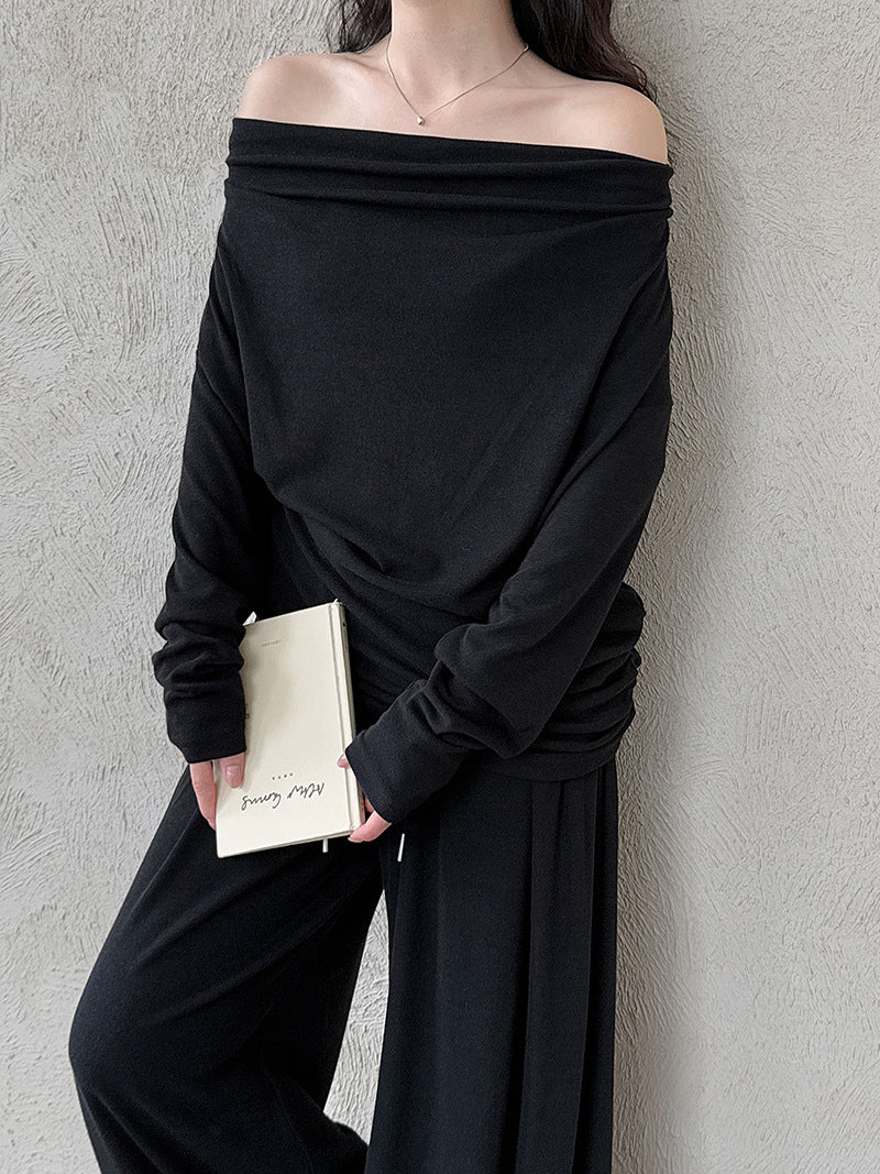 Scoop neck top + high-waisted wide leg pants casual set