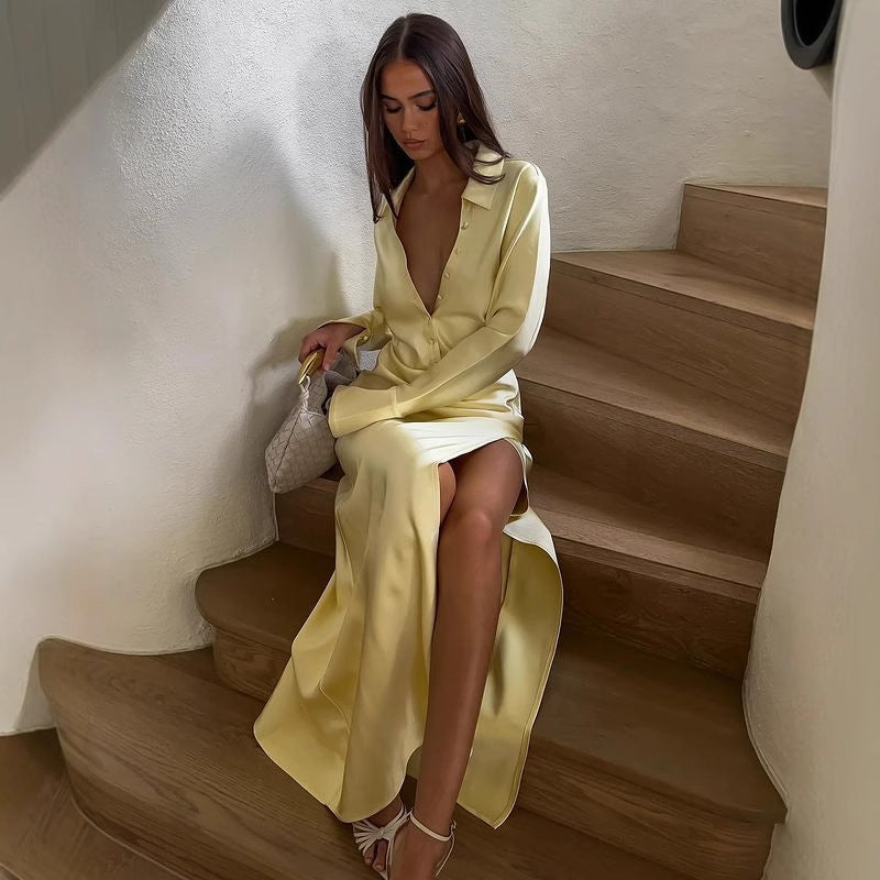 New Fashion Sexy Satin Dress Temperament Shirt Dress Spice Girl Split Dress Women